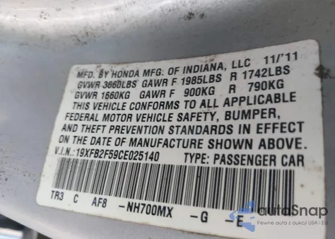 2012 Honda Civic Lx z USA, uszkodzony, nr VIN 19XFB2F59CE025140